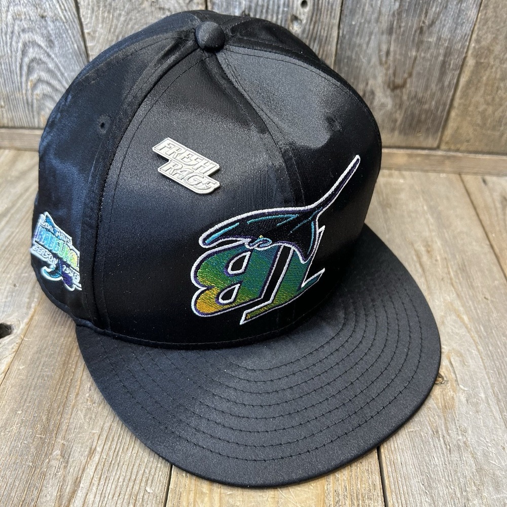 New Era Fresh Rags Tampa Bay Devil Rays Satin 59FIFTY Fitted Hat 7 3/4 Black Pin